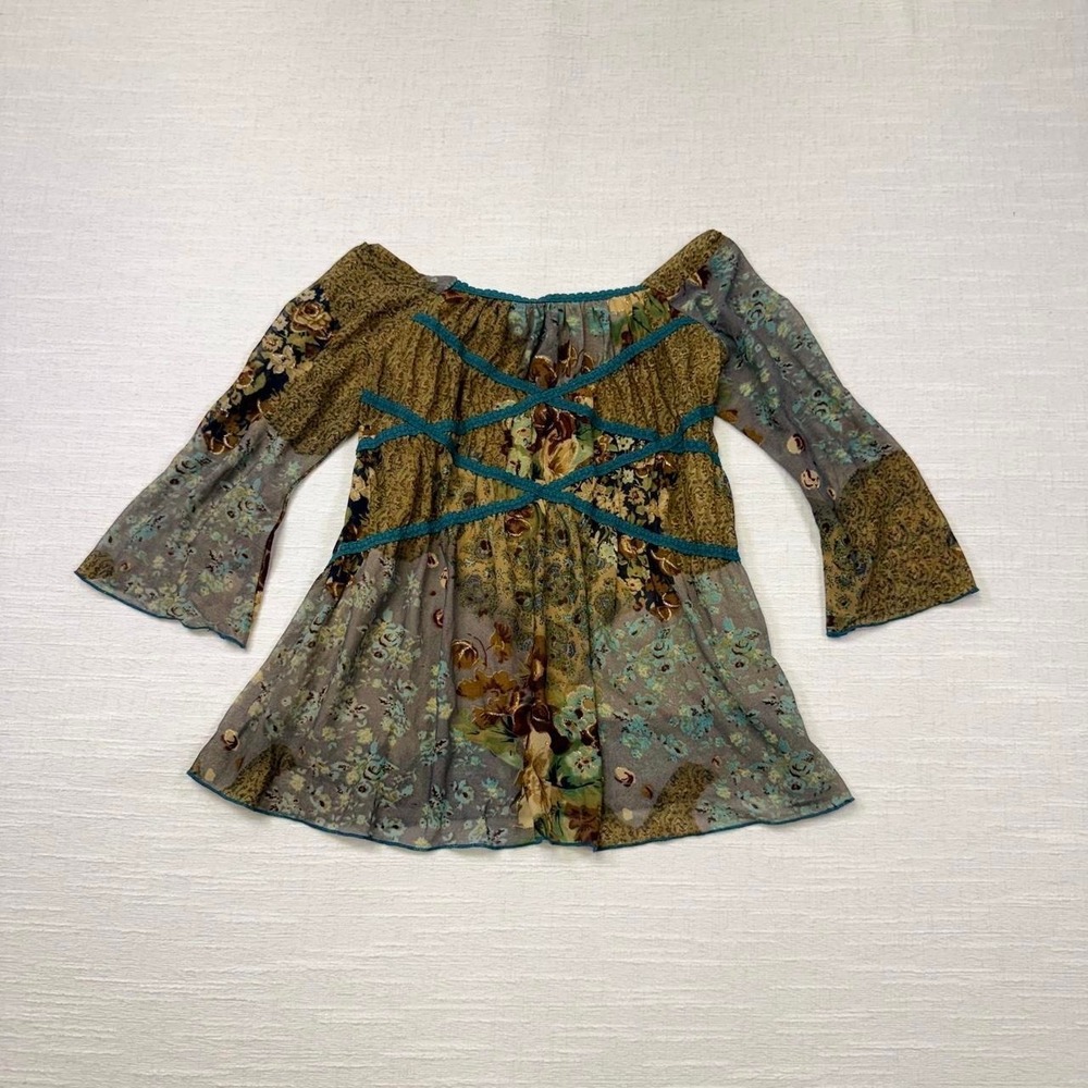 Vintage Y2K Patchwork Floral Mesh Top Fairycore Whimsigoth Bell Sleeve Blouse ML